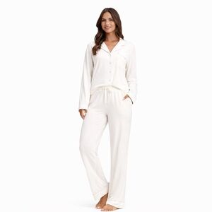 COZY EARTH Women's Bamboo Stretch-Knit Long Sleeve Pajama Set Short Ivory Size S